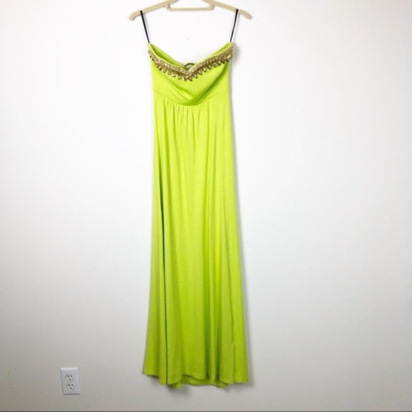 bebe Dresses & Skirts - BEBE Bright Green Gold Beaded Maxi Tube Dress